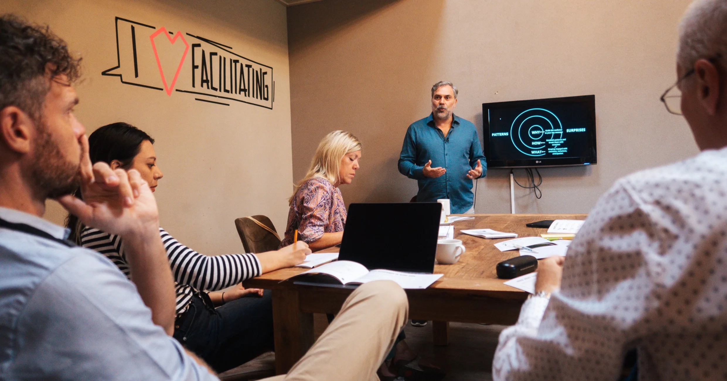 A team of professionals actively working together in a communication workshop